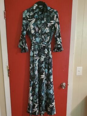 Banana Republic Teal Floral Maxi Shirt Dress Sz 2